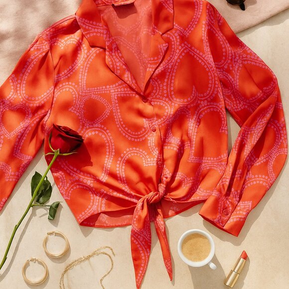 Red Pink Heart Satin Tie Front Blouse Size M Button Up (Bailey/44) - Picture 2 of 9